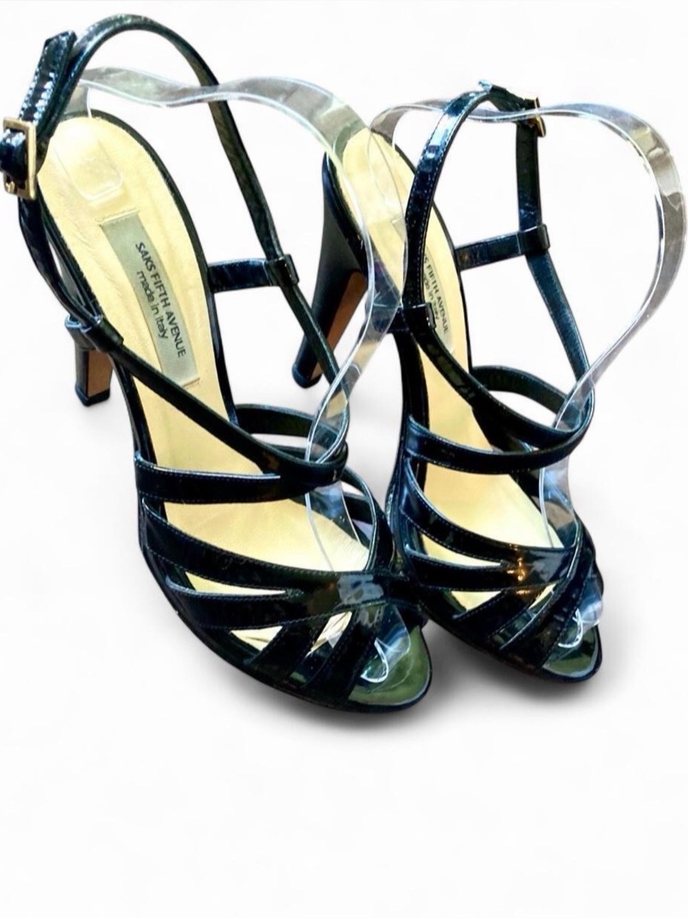 SAKS FIFTH AVENUE SEXY STRAPPY BLACK PATENT LEATHER HEELS SANDALS 3.5” Heel Sz 9